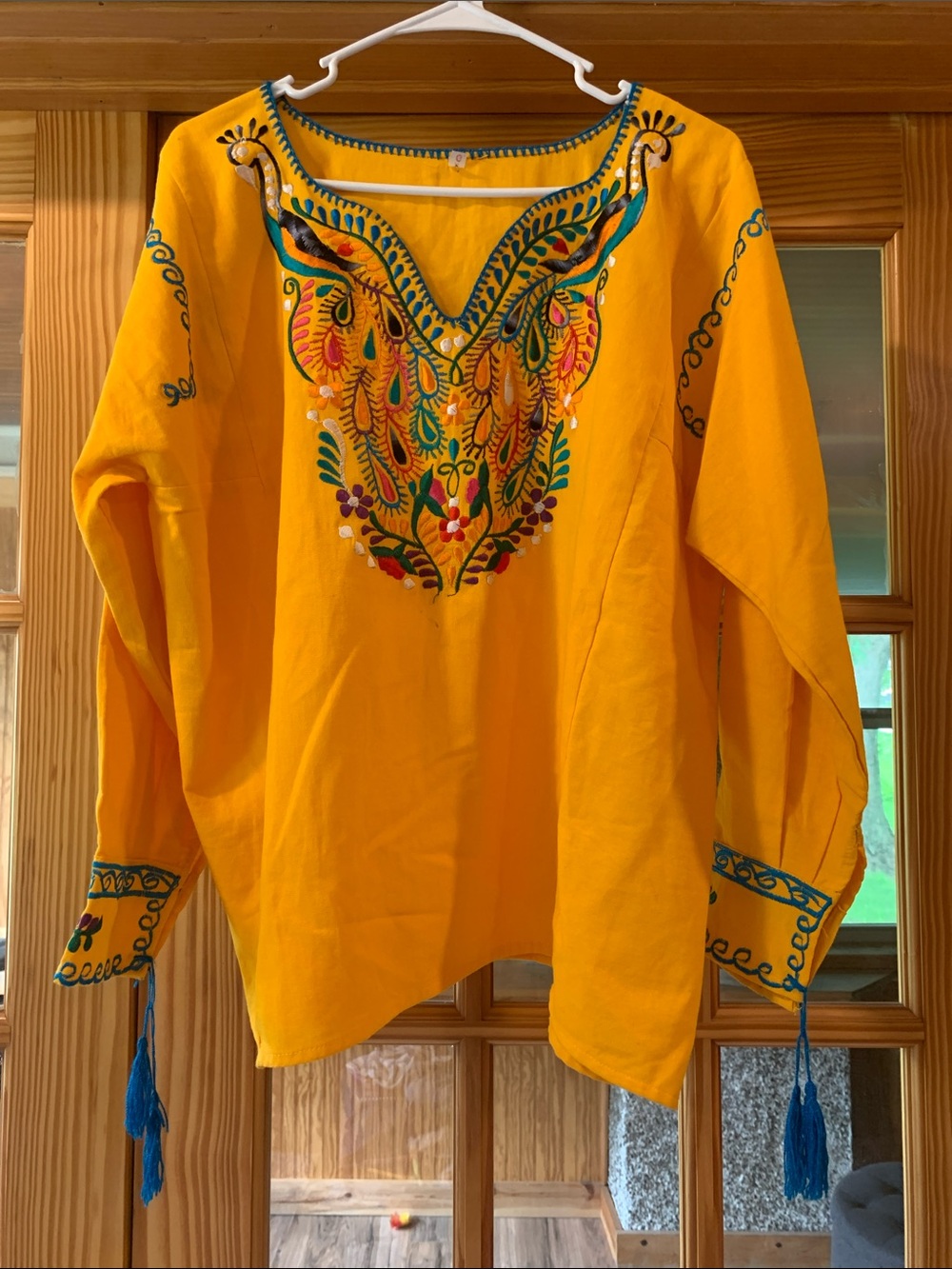 Women's Floral Paisley Embroidered Notch Neck Yellow Long Sleeve Blouse Top XL